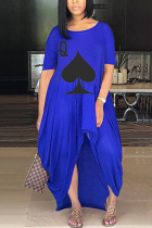 Blue Fashion Casual Regular Sleeve Short Sleeve O Neck Printed Dress Floor Length Print Dresses