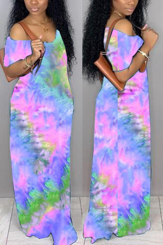 Sky Blue Milk. Fashion adult Ma'am Street Cap Sleeve Short Sleeves V Neck Pencil Dress Floor-Length Tie and dye Dresses