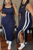 Dark Blue Sexy O Neck Patchwork Solid Split backless Plus Size