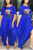 Blue Fashion Casual Regular Sleeve Short Sleeve O Neck Printed Dress Floor Length Lips Printed Dresses