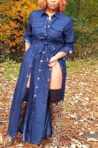 Blue Fashion Casual Regular Sleeve Long Sleeve Turndown Collar Denim Dress Floor Length Solid Dresses