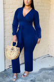 Blue Fashion Sexy Solid Long Sleeve V Neck Jumpsuits