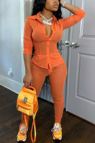Orange Network Sexy Solid Mesh perspective pencil Long Sleeve Two Pieces