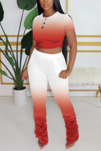 Red Fashion Sexy adult Ma'am Solid Gradient Two Piece Suits pencil Short Sleeve Two Pieces