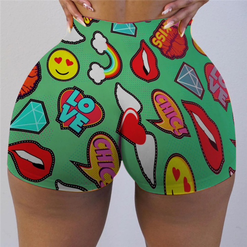 Green Milk Silk Elastic Fly Mid Print Skinny shorts Bottoms
