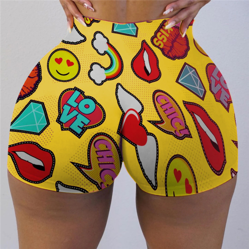 Yellow Milk Silk Elastic Fly Mid Print Skinny shorts Bottoms