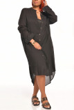Black Fashion Casual Regular Sleeve Long Sleeve Turndown Collar Long Sleeve Dress Mid Calf Solid Dresses