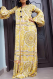 Yellow Fashion Sexy O Neck Long Sleeve Pile Up Sleeves Print Printed Dress Plus Size