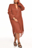 Khaki Fashion Casual Regular Sleeve Long Sleeve Turndown Collar Long Sleeve Dress Mid Calf Solid Dresses