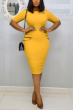 Yellow Fashion Sexy Regular Sleeve Short Sleeve O Neck Short Sleeve Dress Knee Length Solid Dresses