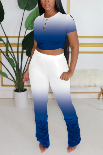 Royal blue Fashion Sexy adult Ma'am Solid Gradient Two Piece Suits pencil Short Sleeve Two Pieces