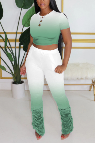 Fluorescent green Fashion Sexy adult Ma'am Solid Gradient Two Piece Suits pencil Short Sleeve Two Pieces