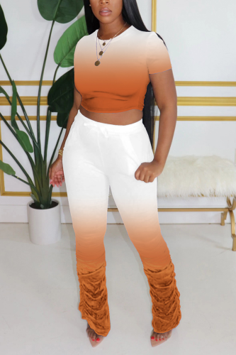 Orange Fashion Sexy adult Ma'am Solid Gradient Two Piece Suits pencil Short Sleeve Two Pieces