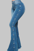 Light Blue Fashion Street Solid Rivets Split Joint Water Wash High-waisted Boot Cut Denim Jeans
