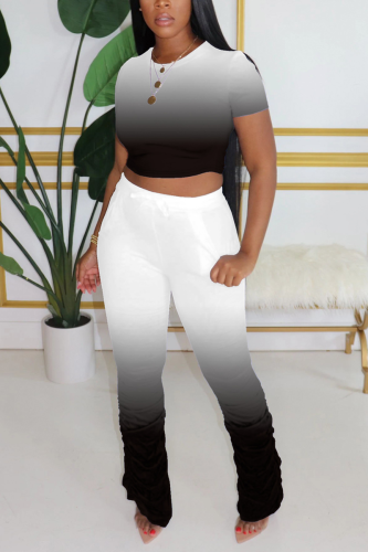 Black Fashion Sexy adult Ma'am Solid Gradient Two Piece Suits pencil Short Sleeve Two Pieces