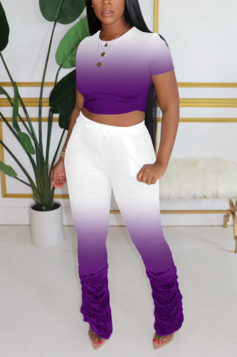 purple Fashion Sexy adult Ma'am Solid Gradient Two Piece Suits pencil Short Sleeve Two Pieces