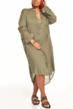 Khaki Fashion Casual Regular Sleeve Long Sleeve Turndown Collar Long Sleeve Dress Mid Calf Solid Dresses