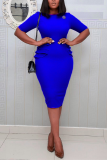 Blue Fashion Sexy Regular Sleeve Short Sleeve O Neck Short Sleeve Dress Knee Length Solid Dresses