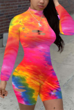 Blue Fashion Light Tie-dyed Burn-out Long Sleeve O Neck Rompers