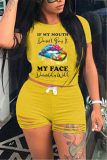 Yellow Fashion Casual Print Straight Short Sleeve Two Pieces