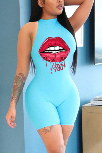 Blue Fashion street Print Sleeveless O Neck Rompers