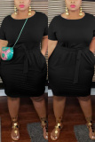 Black Fashion Casual O Neck Short Sleeve Regular Sleeve Solid A Line Plus Size Dress