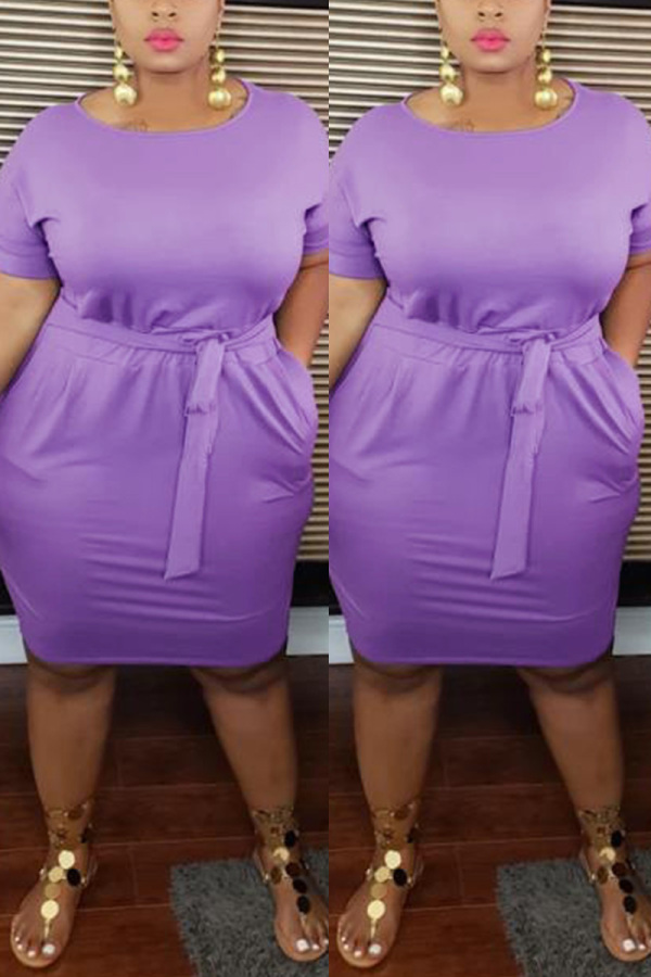 Purple Fashion Casual O Neck Short Sleeve Regular Sleeve Solid A Line Plus Size Dress