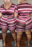 Apricot Fashion Sexy adult Ma'am V Neck Striped Tie Dye Two Piece Suits Stripe Plus Size