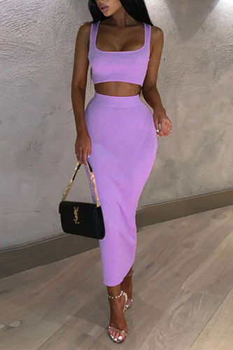 Purple Fashion Casual Sleeveless U Neck Spaghetti Strap Short Solid Two Pieces