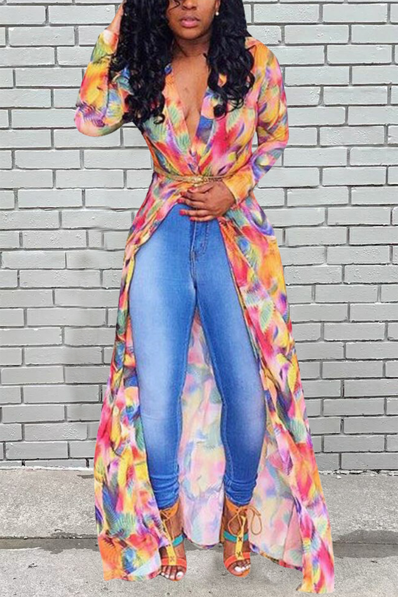 

Colorful Fashion Sexy V Neck Long Sleeve Regular Sleeve Longer In The Rear Print Tops