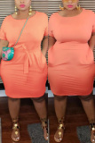 Orange Fashion Casual O Neck Short Sleeve Regular Sleeve Solid A Line Plus Size Dress
