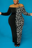 Black Fashion Casual Bateau Neck Long Sleeve Off The Shoulder Patchwork Animal Print Sheath Plus Size Dresses