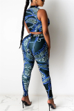 Blue Sexy Letter Print Zippered pencil Sleeveless Two Pieces