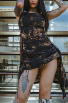 Black Fashion Sexy adult Ma'am Spaghetti Strap Sleeveless Slip Asymmetrical Mid-Calf Print asymmetrical Dresses