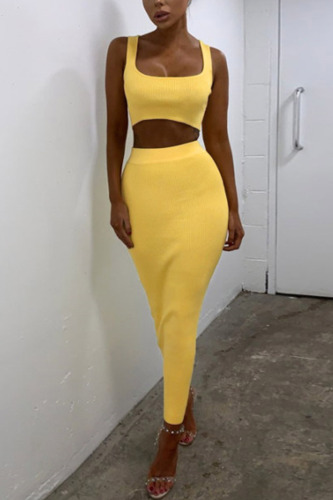Yellow Fashion Casual Sleeveless U Neck Spaghetti Strap Short Solid Two Pieces