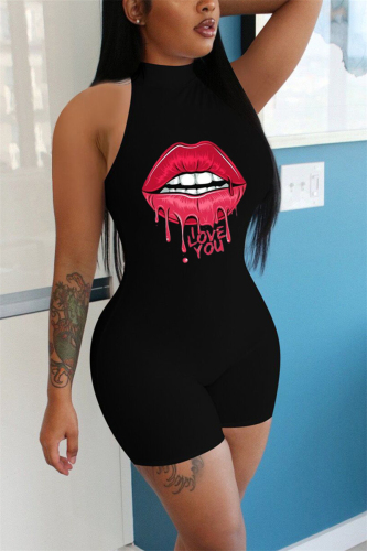 Black Fashion street Print Sleeveless O Neck Rompers