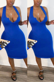 White Fashion Sexy White Blue Wine Red Off The Shoulder Sleeveless V Neck Pencil Dress Mid-Calf Solid Dresses