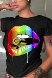 White Women Graphic Rainbow Color Lips Print Short Sleeve T-shirts Tees
