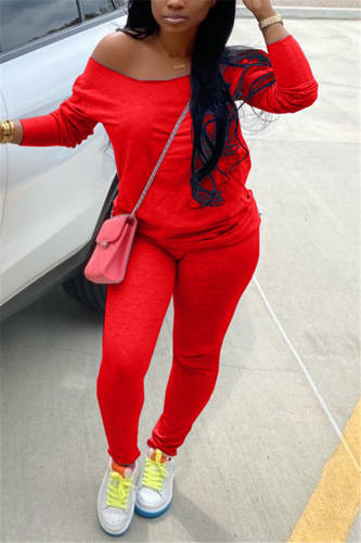 Red Milk Silk Fashion Active adult Ma'am Solid Two Piece Suits Straight Long Sleeve Two Pieces