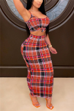 rose red Sexy Plaid Print pencil Sleeveless Two Pieces