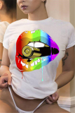 Pink Women Graphic Rainbow Color Lips Print Short Sleeve T-shirts Tees
