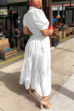 White Fashion Casual Patchwork Solid Mesh With Belt Turndown Collar Swagger Dresses