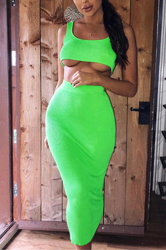 Green Fashion Casual Sleeveless U Neck Spaghetti Strap Short Solid Two Pieces