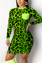 Green Casual Long Sleeves Step Skirt Mini Print Leopard Dresses