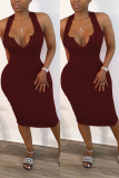 Blue Fashion Sexy White Blue Wine Red Off The Shoulder Sleeveless V Neck Pencil Dress Mid-Calf Solid Dresses