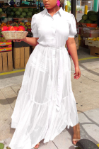 White Fashion Casual Patchwork Solid Mesh With Belt Turndown Collar Swagger Dresses