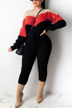 Red Fashion Casual Adult Print Patchwork O Neck Long Sleeve Regular Sleeve Regular Two Pieces