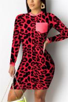 Red Fashion Regular Sleeve Long Sleeve O Neck Mini Print Leopard Dresses