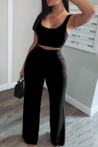 Black Fashion adult Ma'am OL Patchwork Solid Two Piece Suits Straight Sleeveless Two Pieces