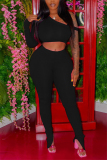 Black Fashion Sexy Long Sleeve One Shoulder Off The Shoulder Short Solid Two Pieces